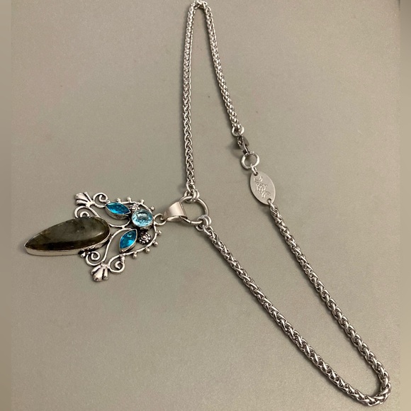 925 Sterling silver overlay natural labradorite sapphire aquamarine necklace - Picture 11 of 16